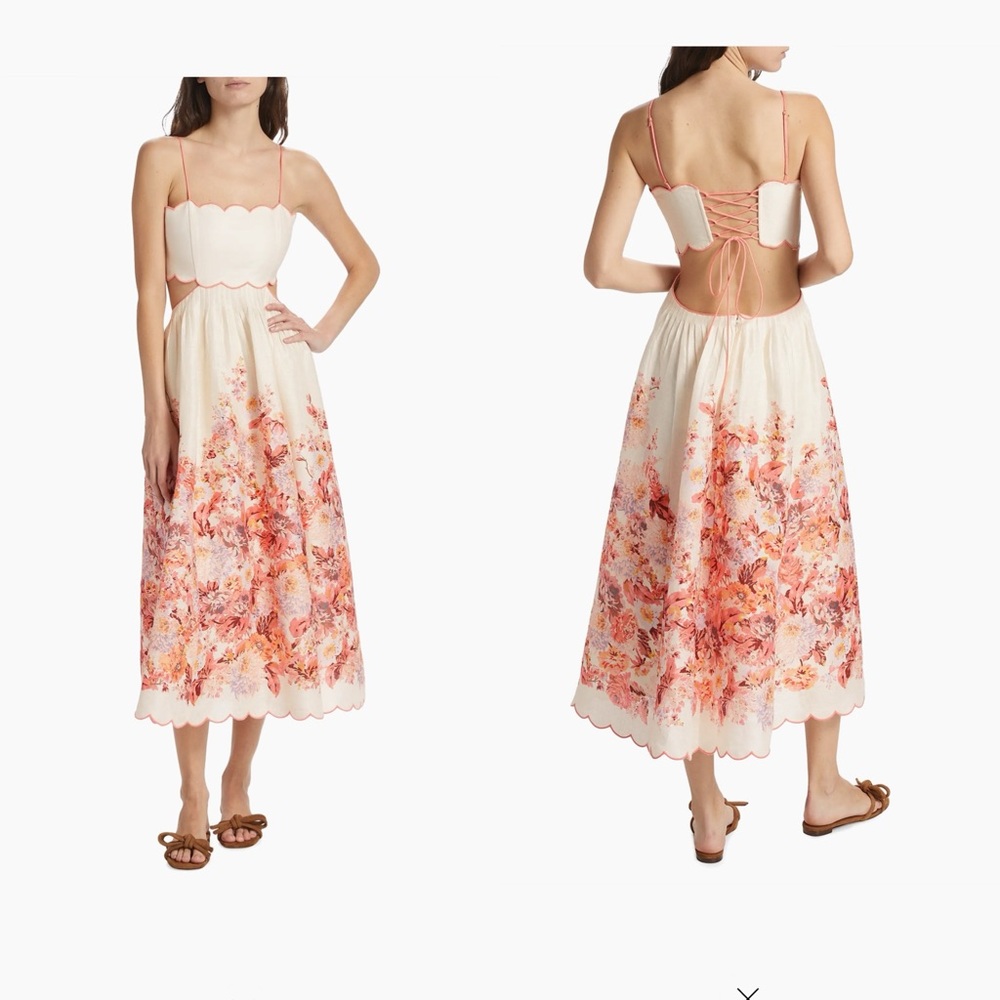 Zimmermann Devi Scallop Midi Linen Dress in Cream Floral